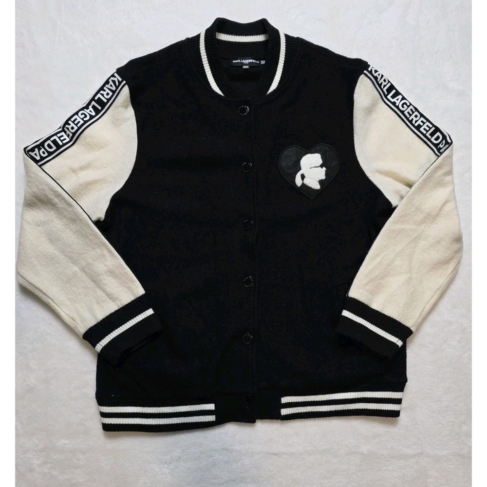 Karl Lagerfeld Paris Varsity Jacket Cotton Wool Blend Black With Cream Sleeves L